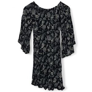 Black White Paisley Print Flowy Quarter Sleeve Mini Dress Ruffle Hem Whimsygoth